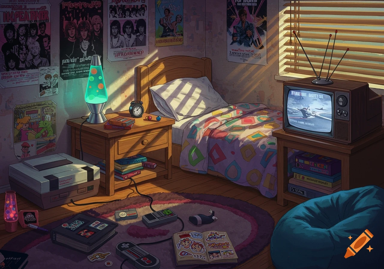A nostalgic 90s bedroom with a lava lamp, retro TV showing a game, NES console, and band posters under a sunlit window.