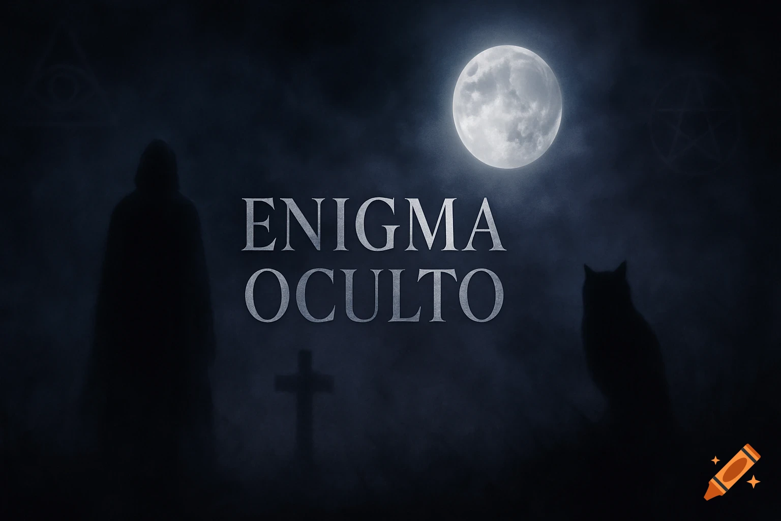 A dark, mysterious banner for 'ENIGMA OCULTO' with a hooded figure, black cat, cross, and symbols under a full moon.