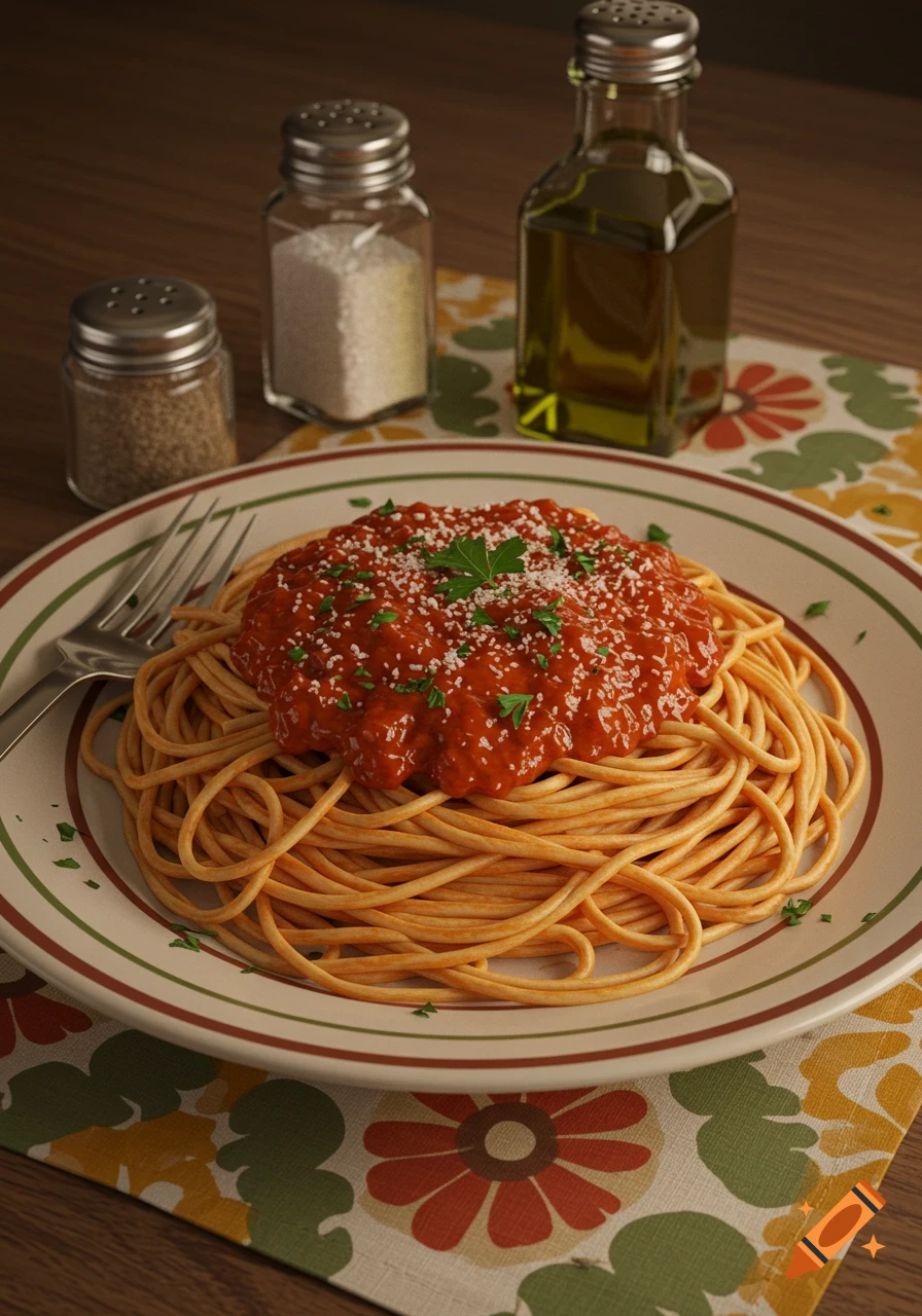 A plate of spaghetti with red sauce, parmesan, and parsley, next to salt, pepper, and olive oil on a floral napkin, in a 1970s cookbook photo style.