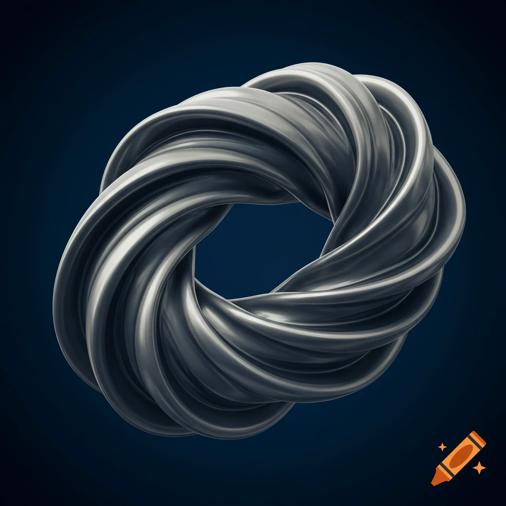 Shiny silver metallic twisted loop resembling an abstract infinity symbol on a dark blue background.