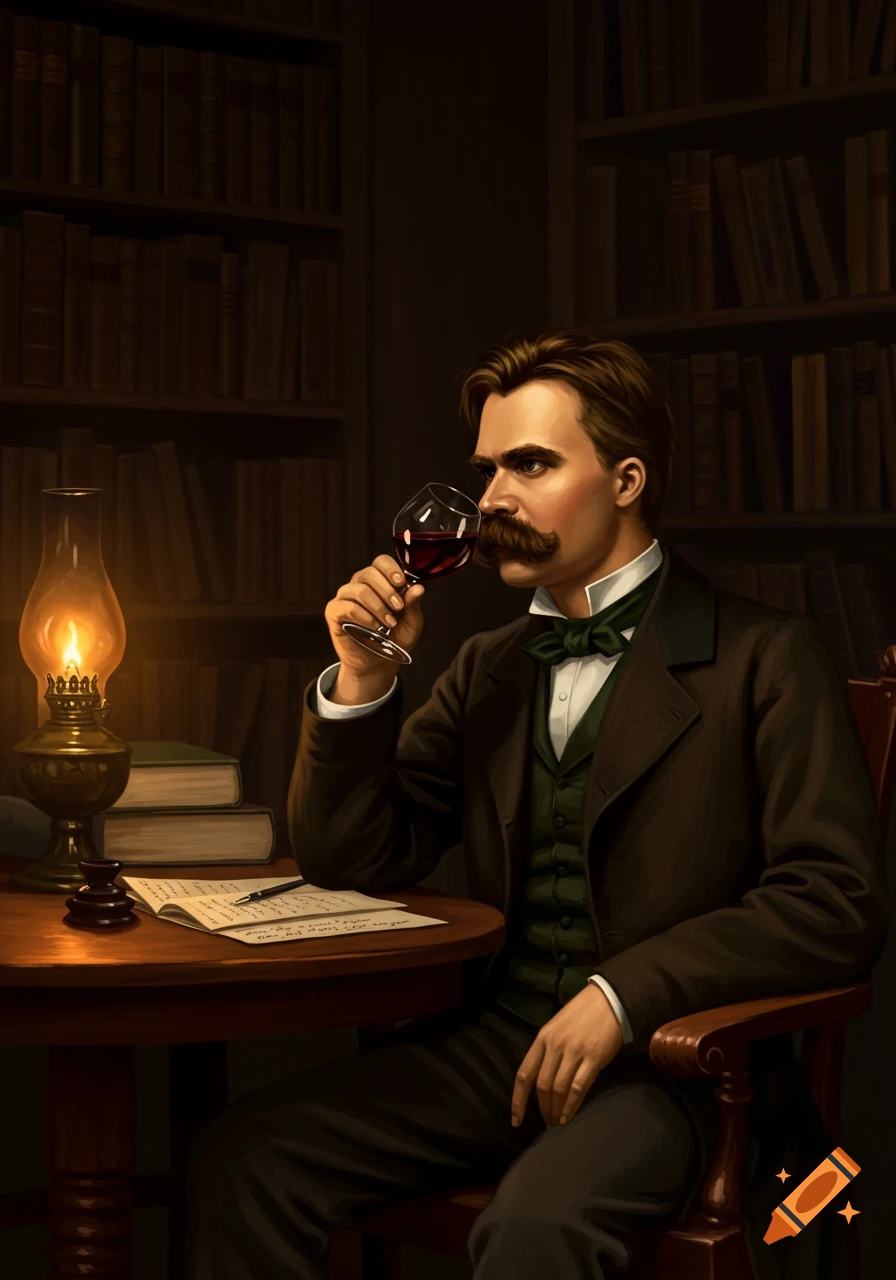 A man resembling Nietzsche sips red wine in a dimly lit study with bookshelves and an oil lamp, in a classical painting style.