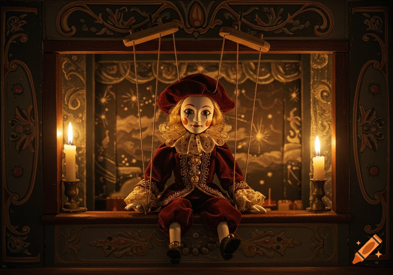 A detailed marionette in a red velvet costume sits in an ornate wooden puppet theater, lit by two flickering candles.