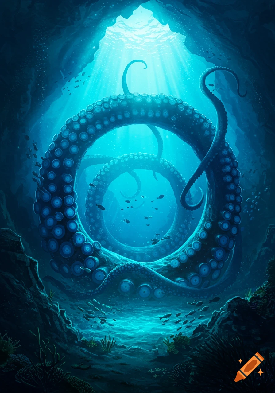Giant blue octopus tentacles swirl in a dark deep-sea cave, illuminated by bright shafts of light from above.