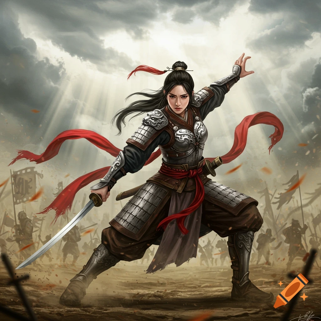 A fierce female warrior in detailed armor holds a sword, striking a battle pose on a dusty battlefield under a cloudy sky.