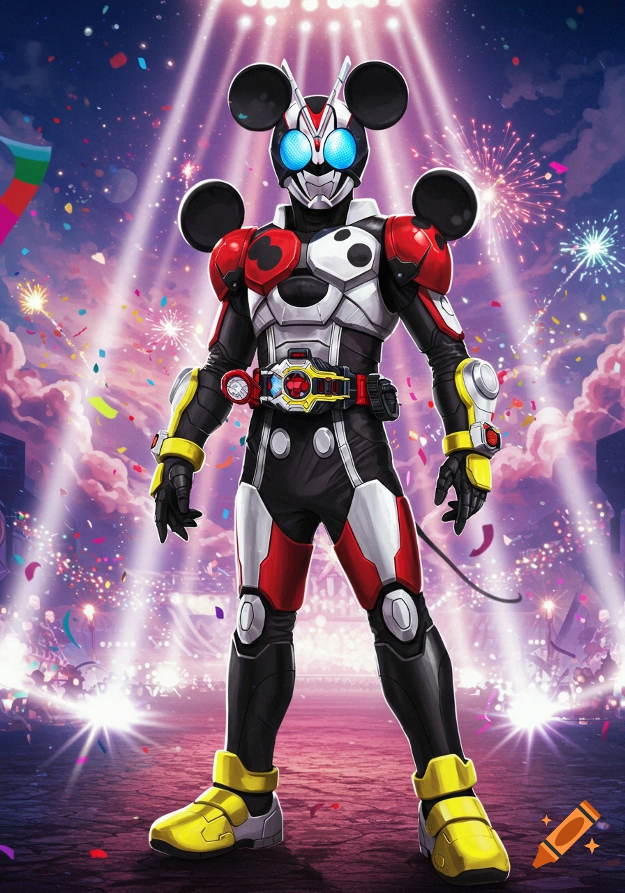 A stylized Kamen Rider in Mickey Mouse-inspired armor stands in a brightly lit arena with fireworks and confetti.