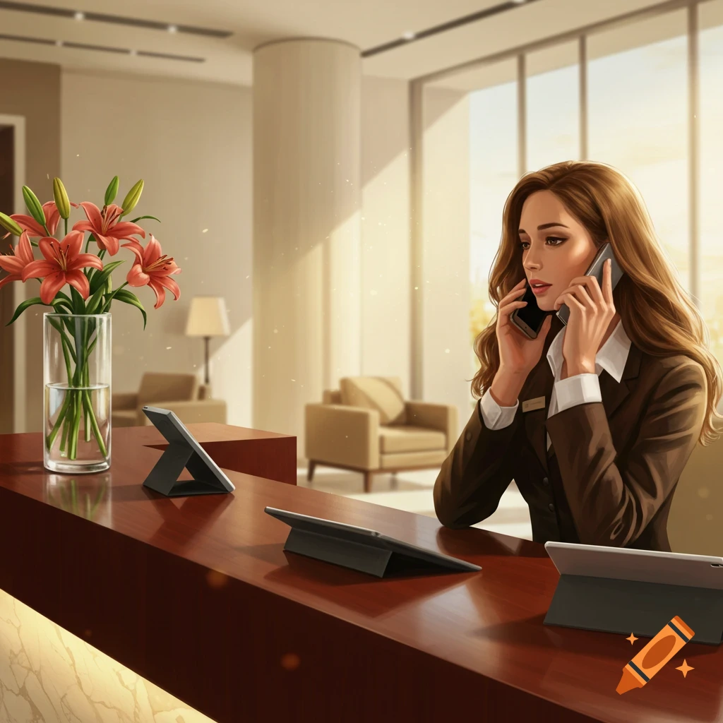 An illustrated brown-haired receptionist talks on two phones at a polished wooden desk in a bright, modern lobby.