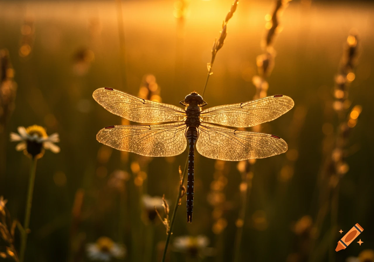 A translucent-winged dragonfly backlit by a golden sunset, perched on a stem in a field of tall grass.