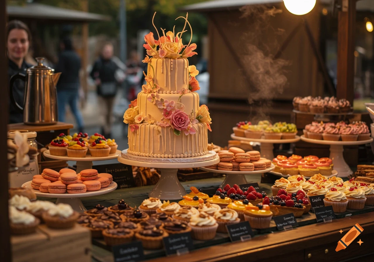 A vibrant dessert market stall features a three-tier cake with floral decor, surrounded by cupcakes, macarons, and other pastries.