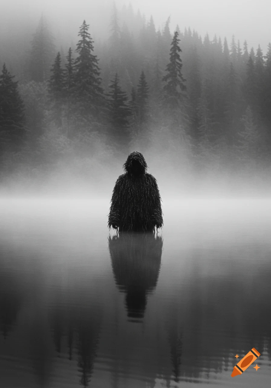 A mysterious figure in a ghillie suit stands in a foggy, reflective black-and-white lake with a distant forest background.