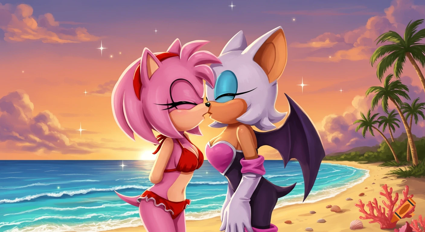 Amy Rose in a red bikini and Rouge the Bat in her regular suit kiss on a tropical beach at sunset with palm trees.