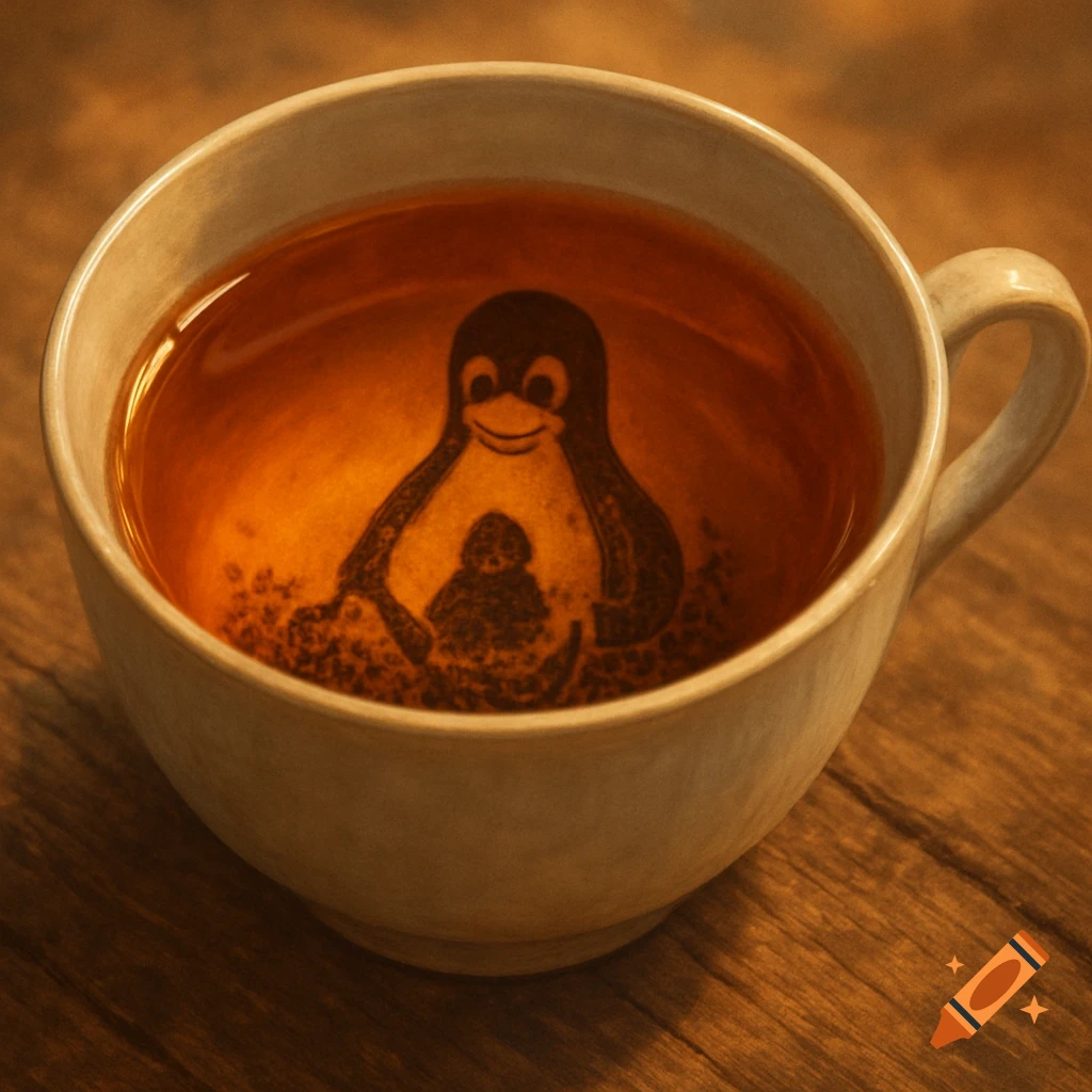 Tux, the Linux penguin mascot, formed from tea leaves at the bottom of a teacup on a wooden table.