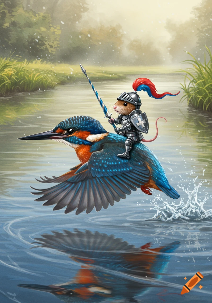 A brave mouse knight in full armor rides a vibrant kingfisher flying low over a serene river, splashing water. Detailed illustration.