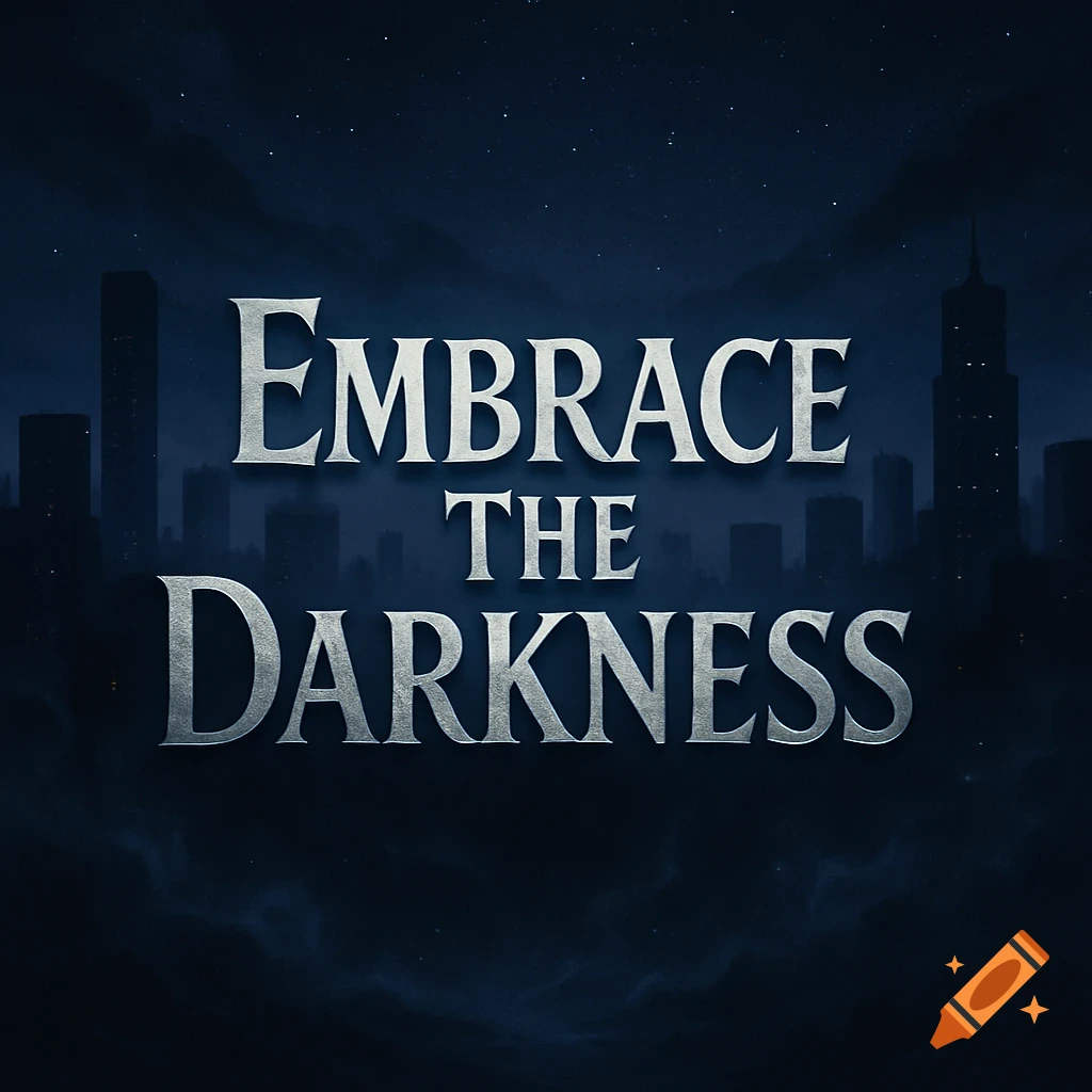 Silver text 'Embrace The Darkness' against a dark blue night sky with a silhouetted cityscape and stars.