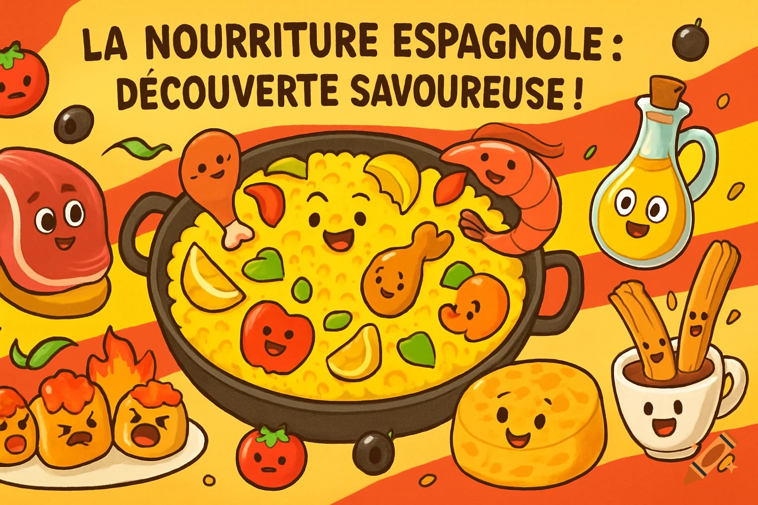 A cute cartoon illustration of Spanish food items like a smiling paella, happy churros with hot chocolate, cheerful jamon, and patatas bravas on a Spanish flag-themed background.
