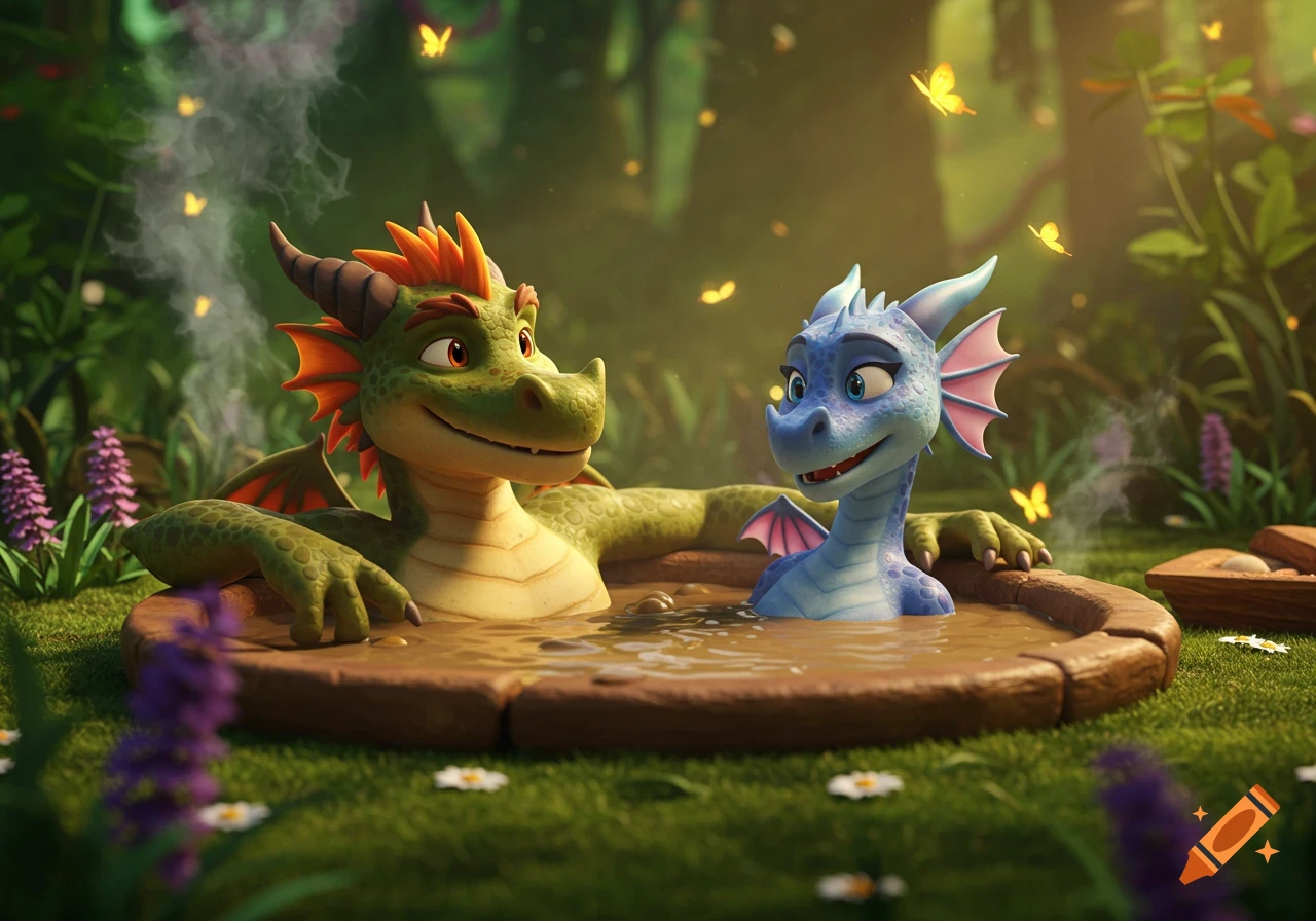 A green and a blue cartoon dragon happily relaxing together in a mud hot tub in a lush magical forest with glowing butterflies.