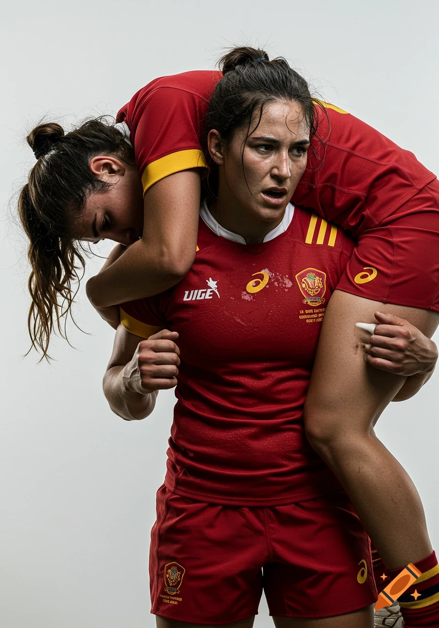 Two sweaty female rugby players in red and yellow uniforms, one carrying her teammate on her shoulders against a white background.