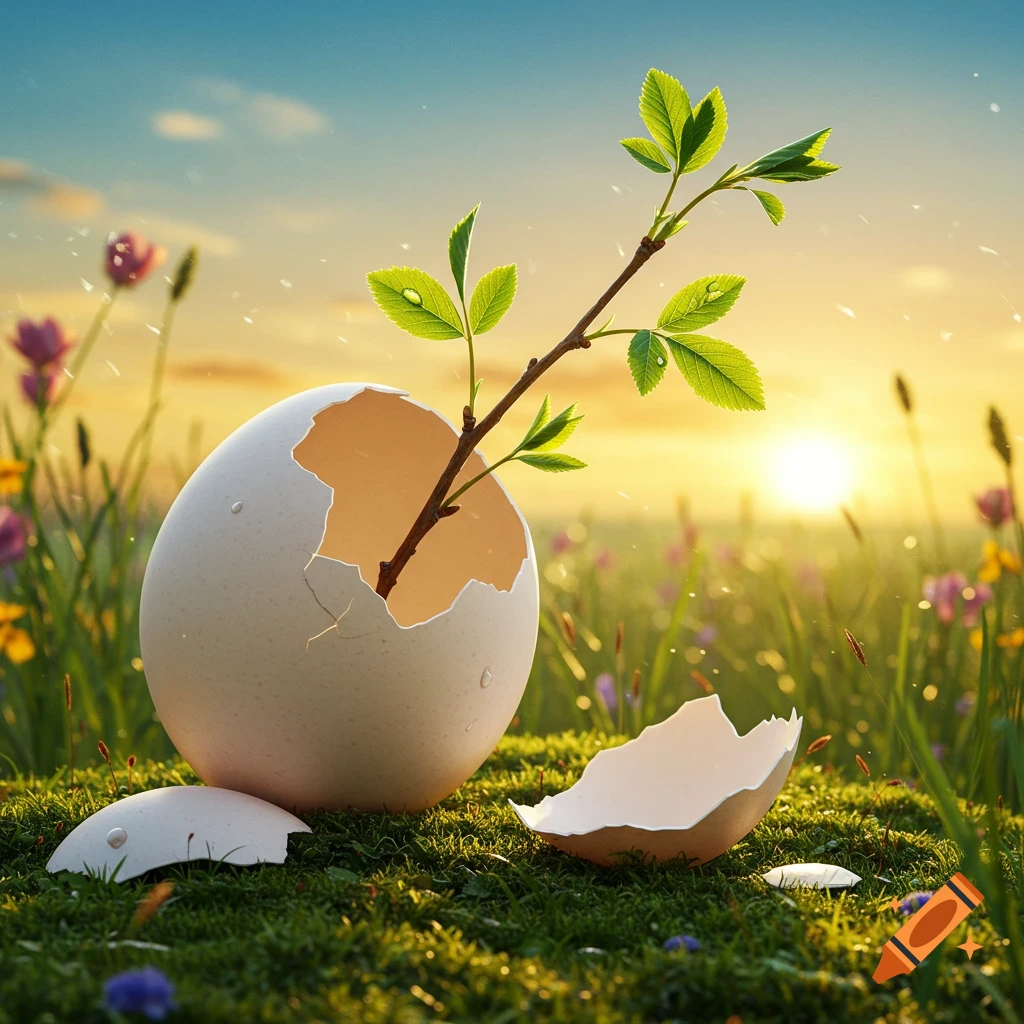A vibrant green branch with dewdrops sprouts from a broken white eggshell in a sunlit, grassy field with wildflowers.