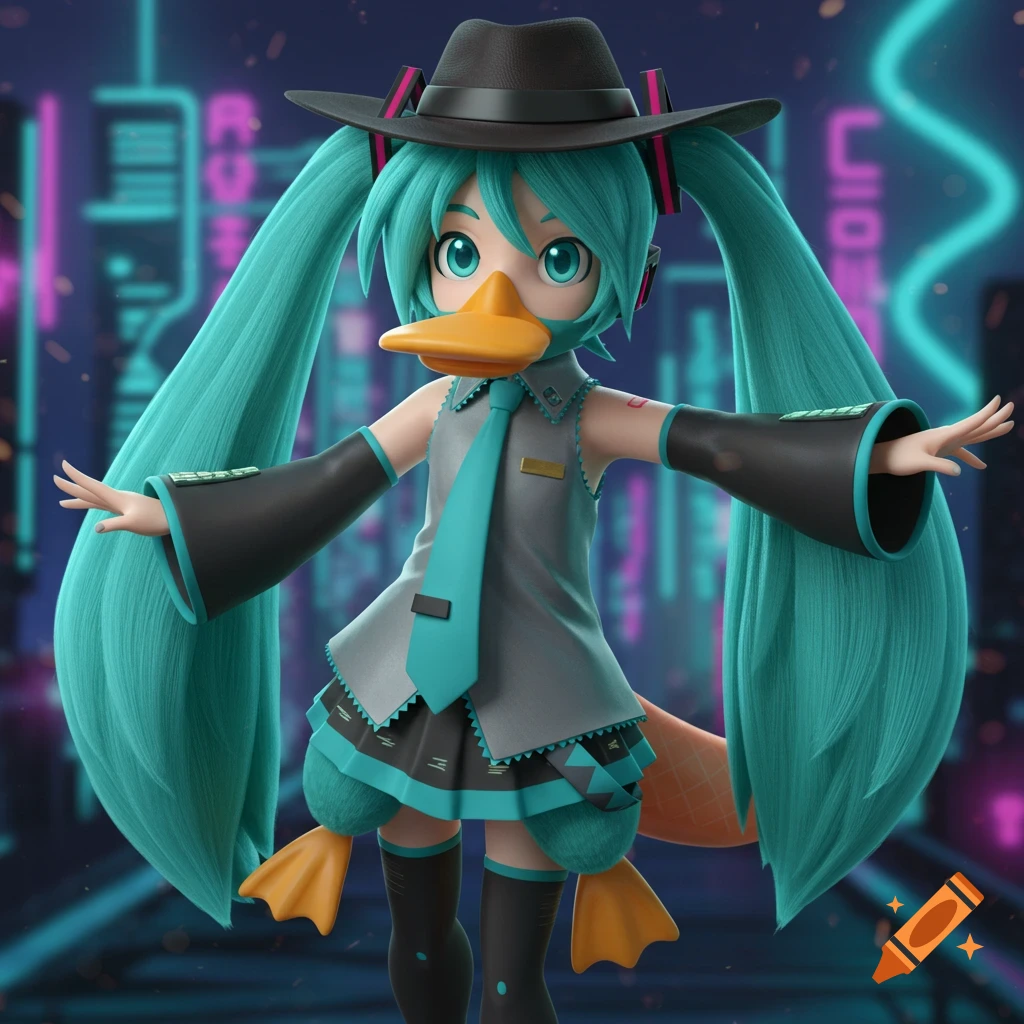 A 3D render of Hatsune Miku dressed as Perry the Platypus, featuring a duck bill, fedora, and teal-accented outfit, against a blurred neon city background.