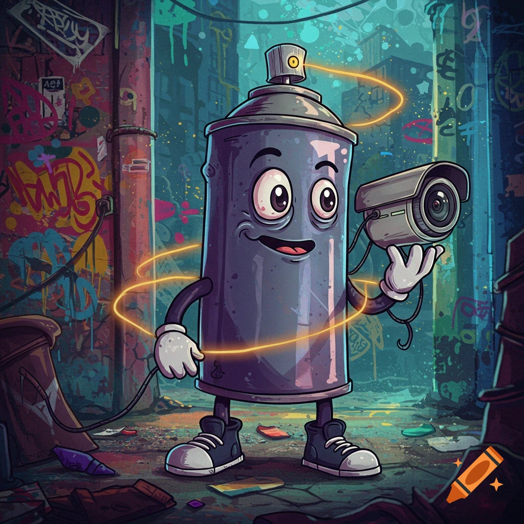 A grinning cartoon spray can character with arms and legs holds a surveillance camera in a graffiti-covered urban alley.