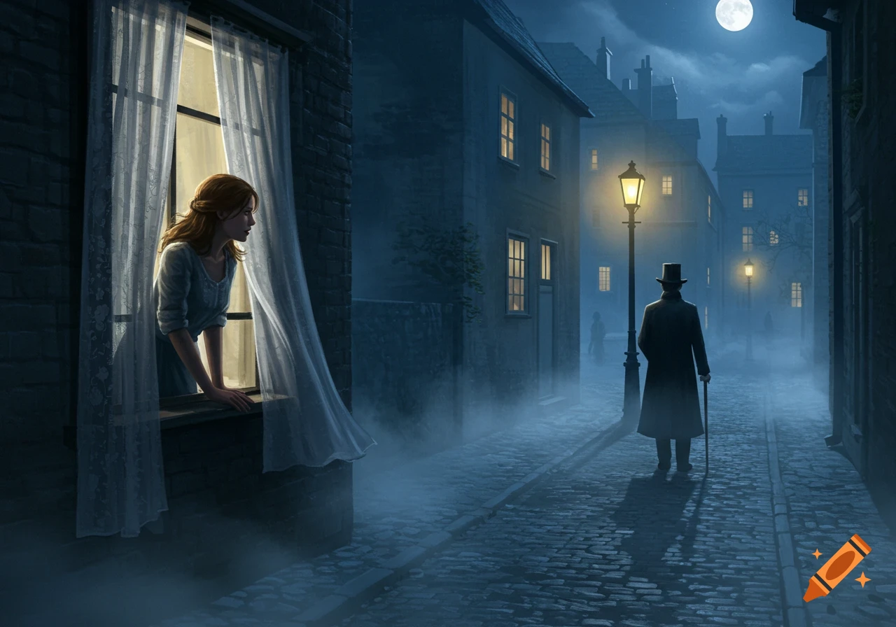 A young woman looks from a window at a man in a top hat walking down a foggy, moonlit street in an old city.