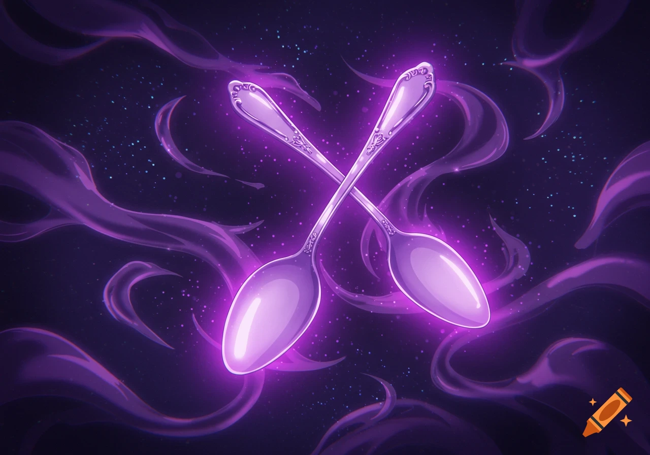 Two ornate silver spoons glow with a vibrant purple aura, crossed against a dark, starry background with swirling purple mist in an anime art style.