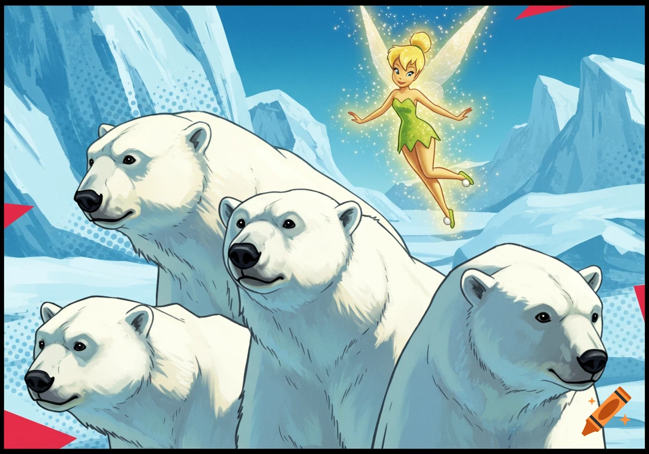 Tinkerbell, a blonde fairy, flies above four white polar bears in a bright blue arctic landscape, in a pop art style.
