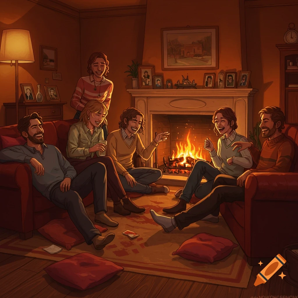 A group of friends laughing and talking around a fireplace in a warm, cozy living room, digital art style.