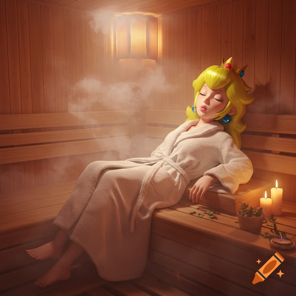 Princess Peach in a white bathrobe resting with closed eyes on a wooden bench in a steamy sauna, with candles nearby.
