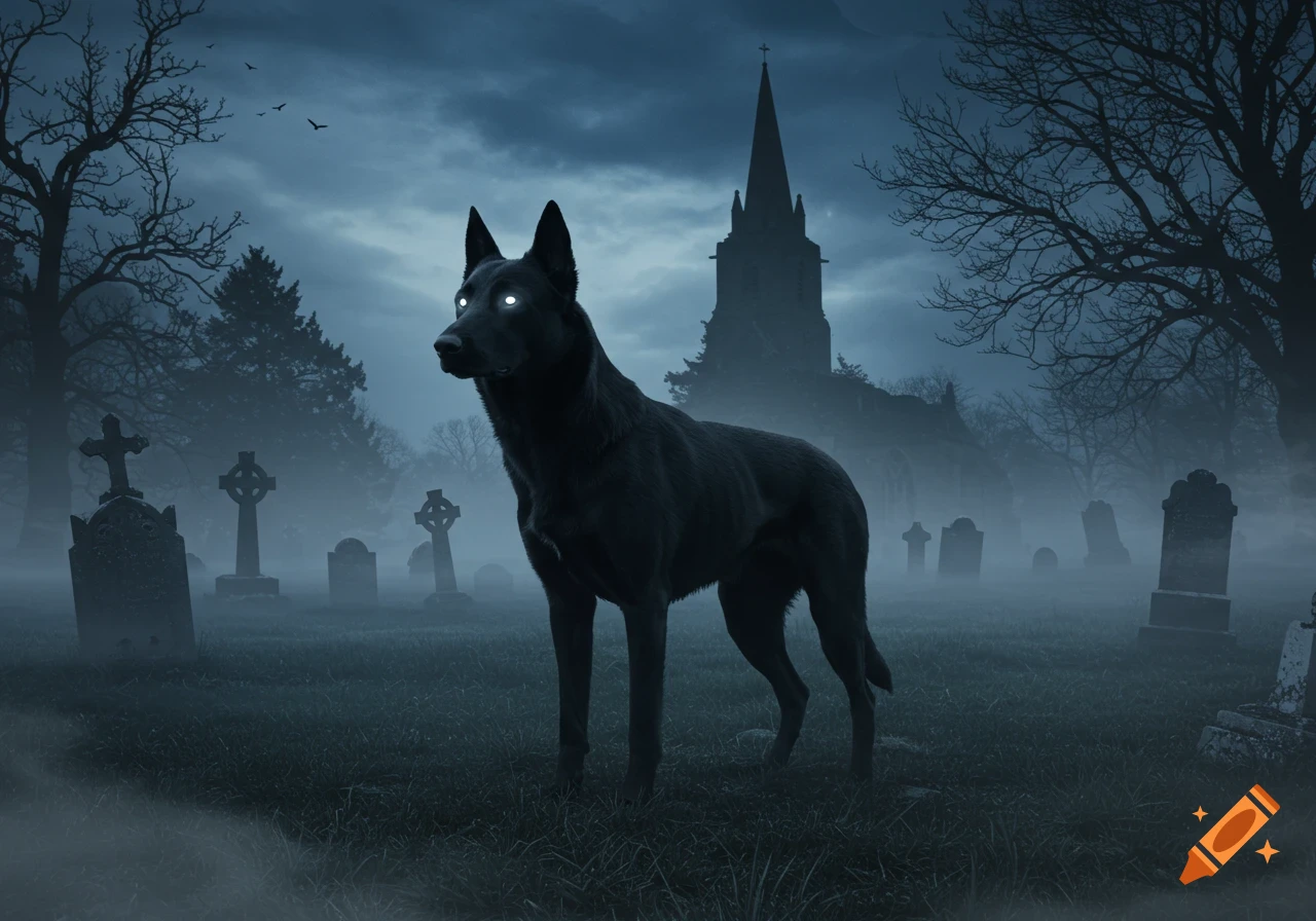 A dark black dog with glowing white eyes stands in a foggy, eerie graveyard at night, with a distant church and bare trees under a cloudy sky.