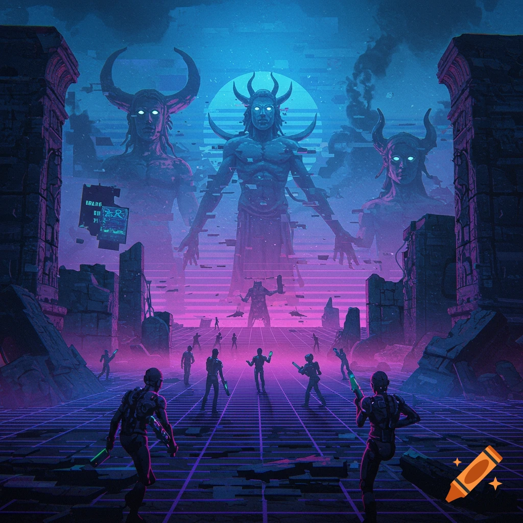 Futuristic figures battle horned gods in a glitchy, neon-lit synthwave dystopia with ruins and digital effects.