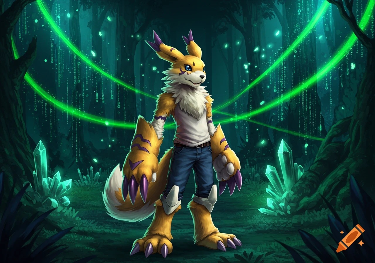 A yellow and white anthropomorphic fox-like creature, Renamon from Digimon, stands in a glowing green fantasy forest with crystals.