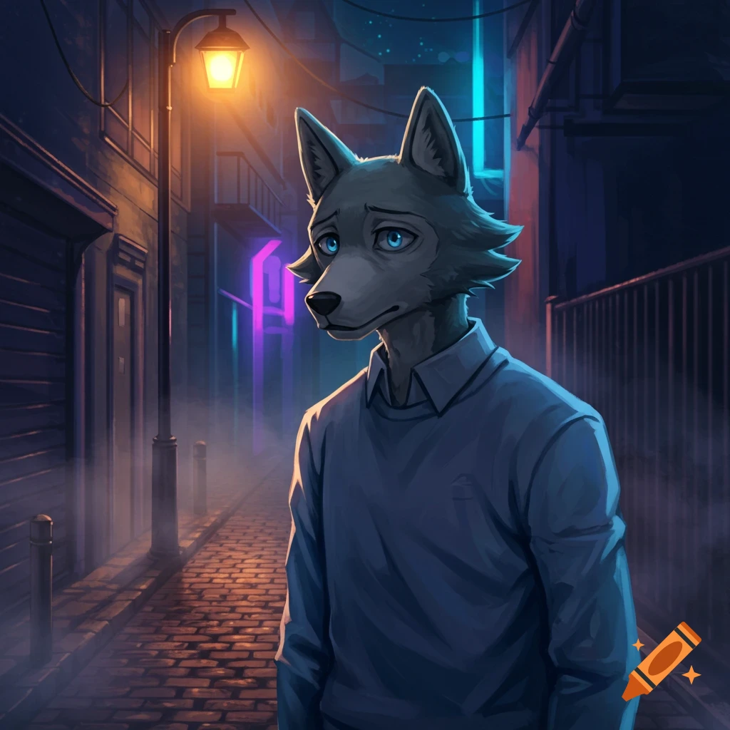 A melancholic anthropomorphic wolf in a blue sweater stands in a dark alley under a street lamp with neon lights, anime style.