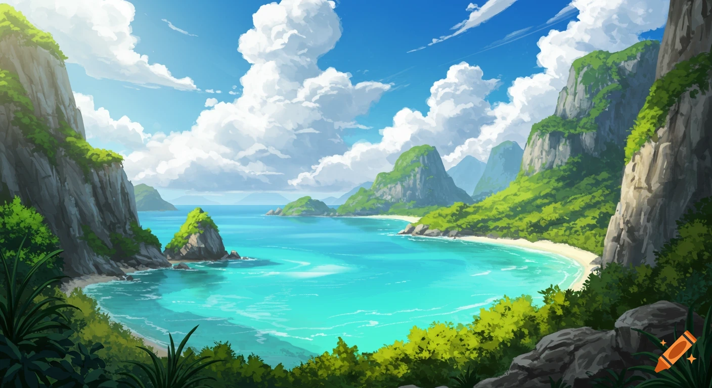 An anime-style panoramic view of a beautiful tropical bay with turquoise water, sandy beaches, lush green mountains, and fluffy white clouds under a bright blue sky.