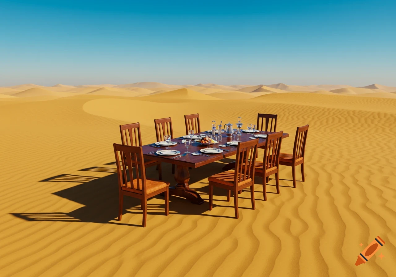 A wooden dining table with chairs set for a meal sits in the middle of a vast, sunny desert landscape with sand dunes.