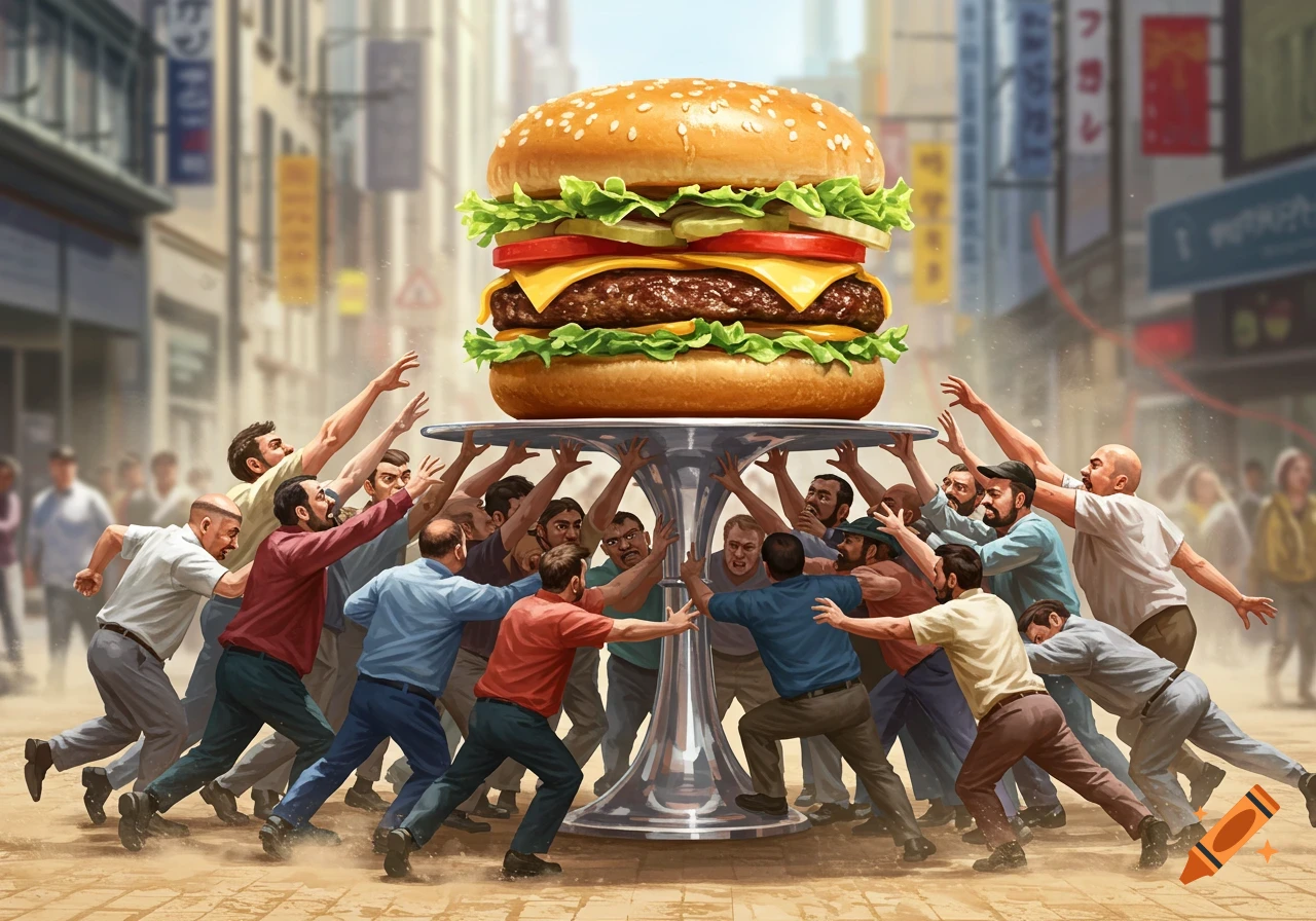 Many men struggle to possess a huge burger on a silver stand in a busy city street, detailed illustration.