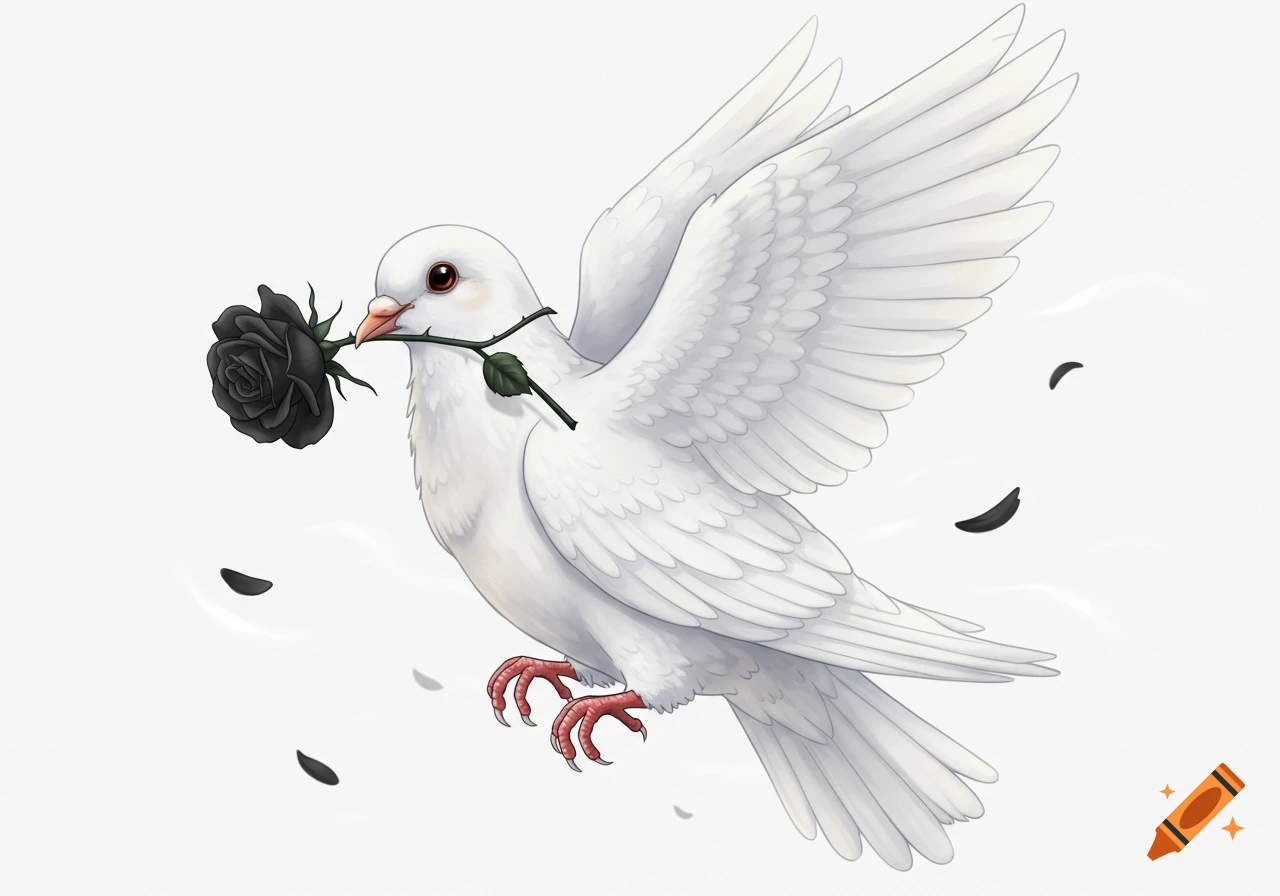 A white anime-style dove flies with a black rose in its beak, against a light background.