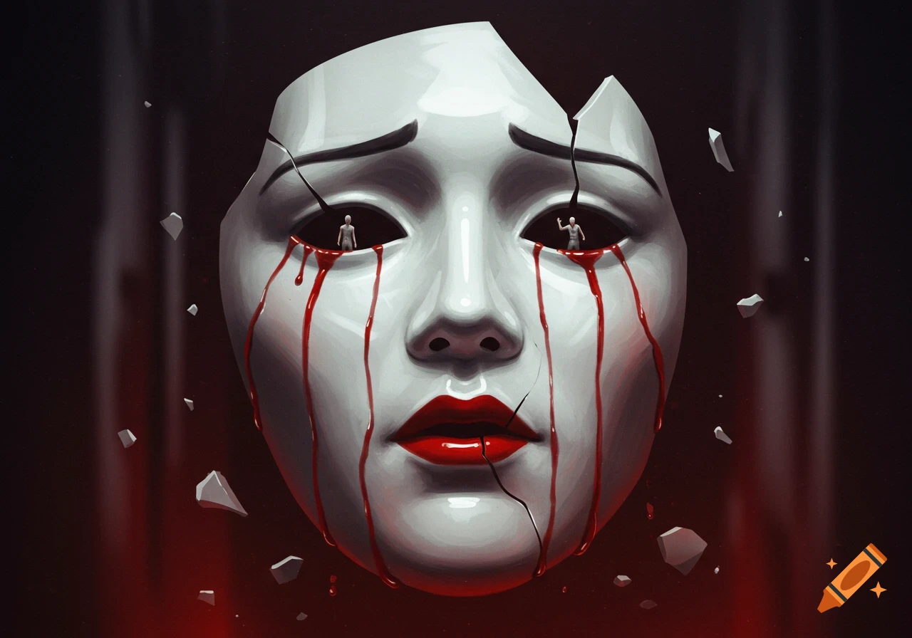 Close-up of a broken white mask with red tears, featuring tiny human figures within the eye sockets against a dark red background.