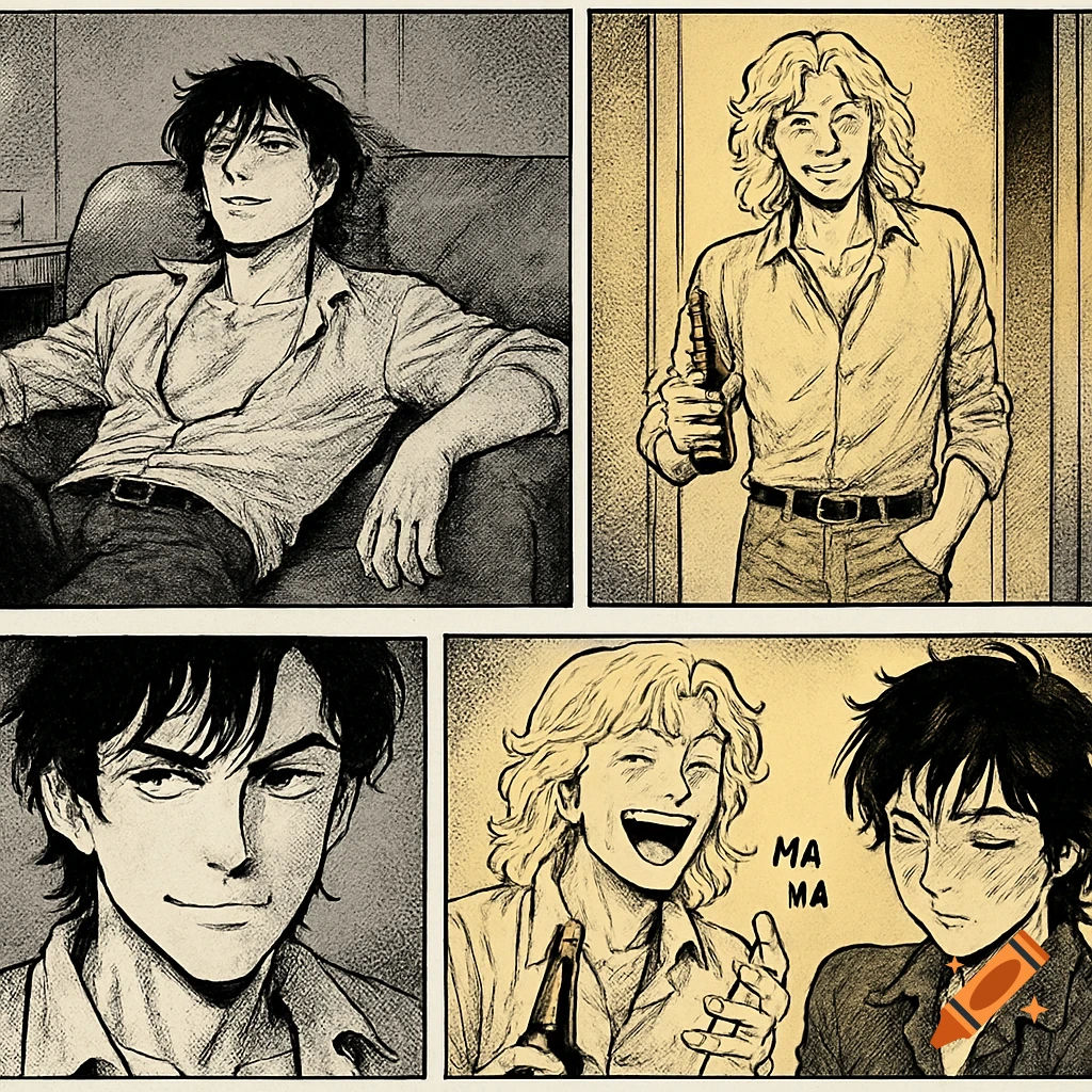 Four-panel manga showing two rockstars. One is dark-haired, tired on a couch; the other is blond, smiling, and holding a beer.