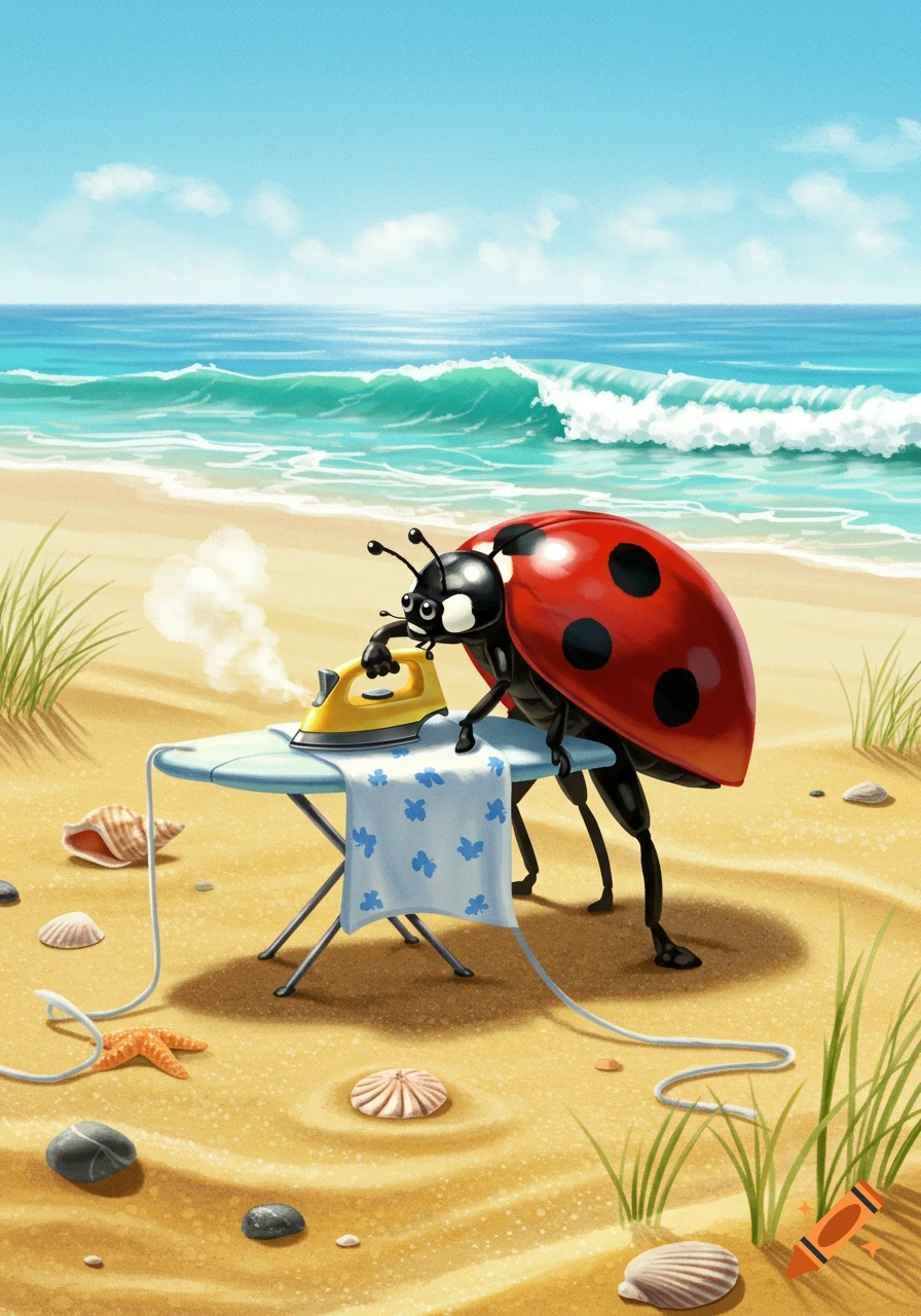 A cartoon ladybug irons a small blue cloth on an ironing board on a sunny beach, with ocean waves in the background.