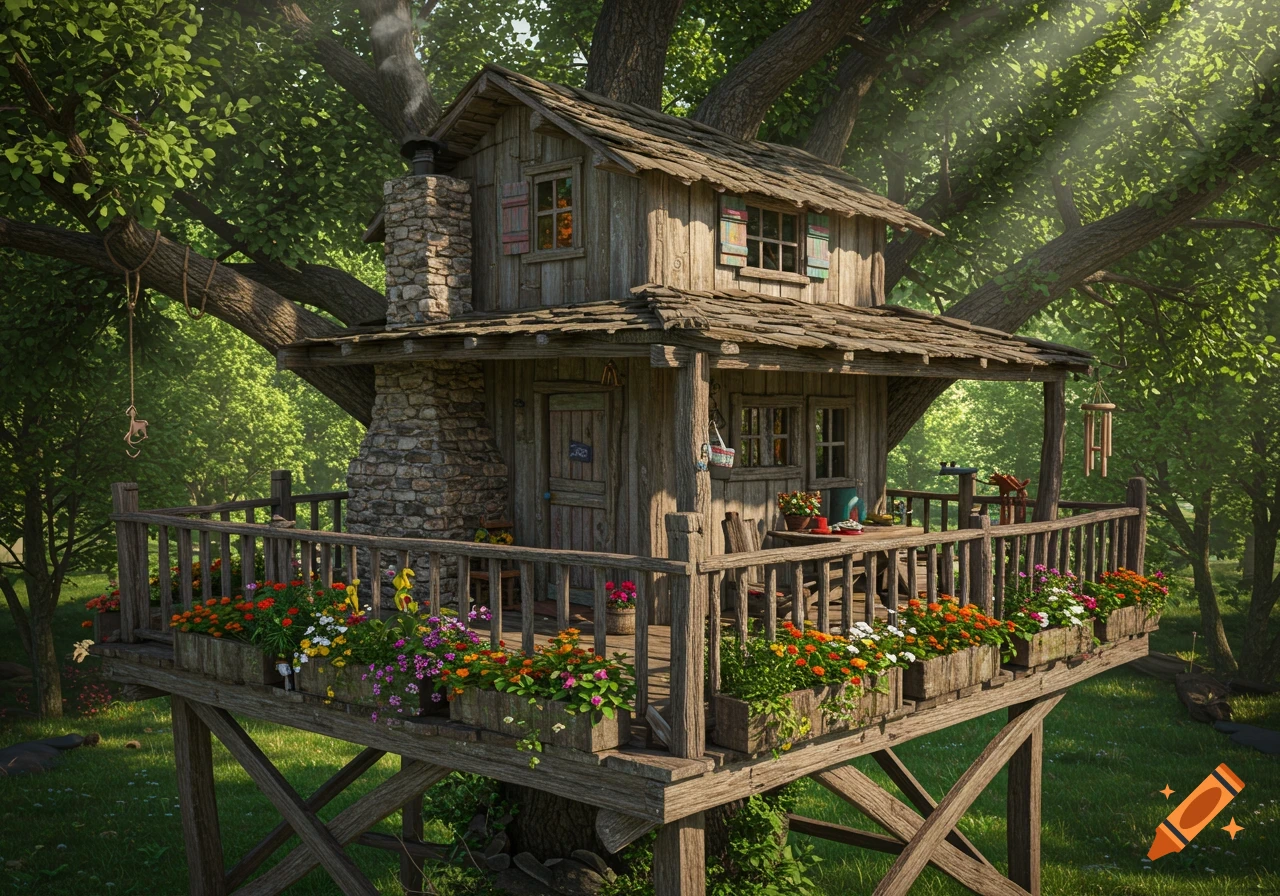 A photorealistic image of a rustic, homely treehouse with a stone chimney, flowerbeds on the porch, nestled in a lush green forest.