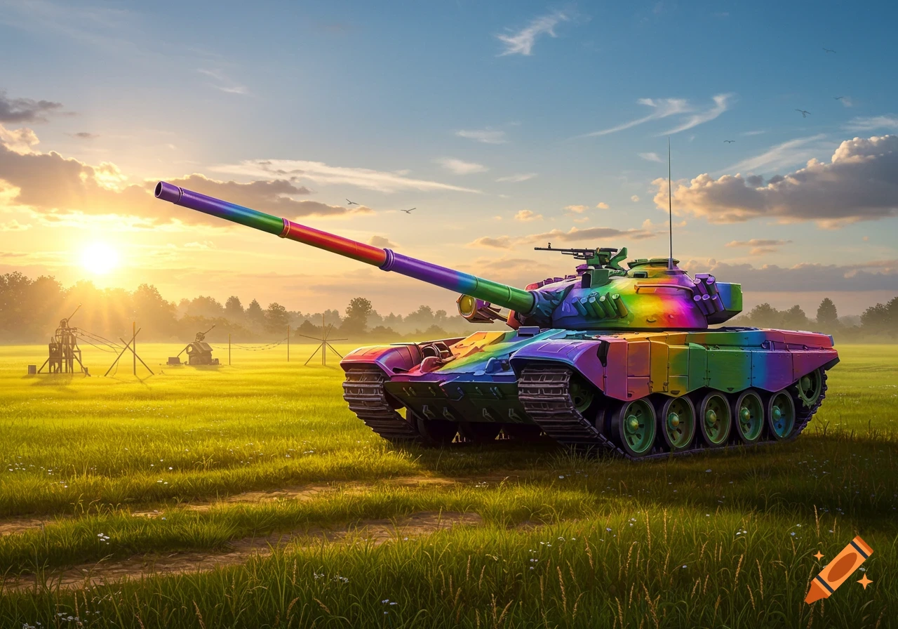A vibrant rainbow-colored tank sits in a green field with distant training equipment and trees under a sunset sky.