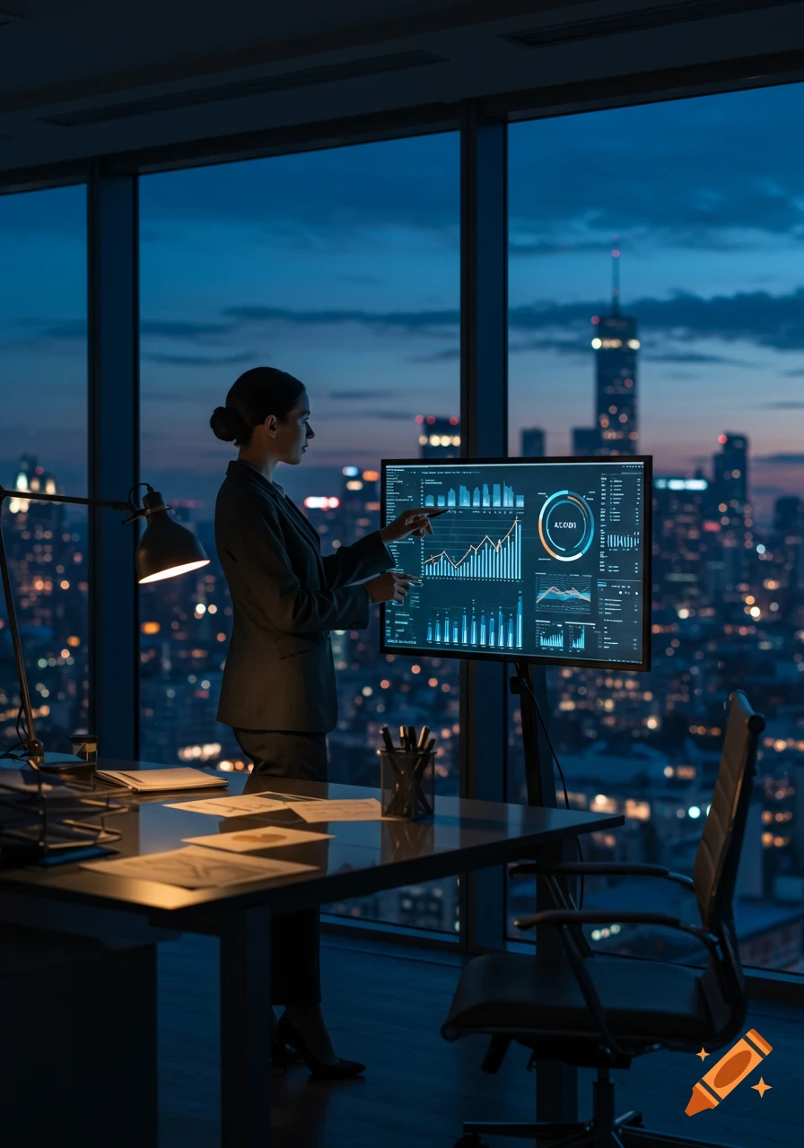 A businesswoman in a suit points at data dashboards on a large monitor in a high-rise office overlooking a city at night.