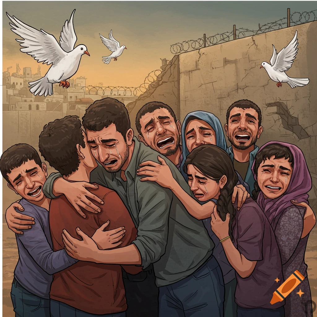 An emotional political cartoon shows a family embracing and crying, with doves flying over a wall with barbed wire.