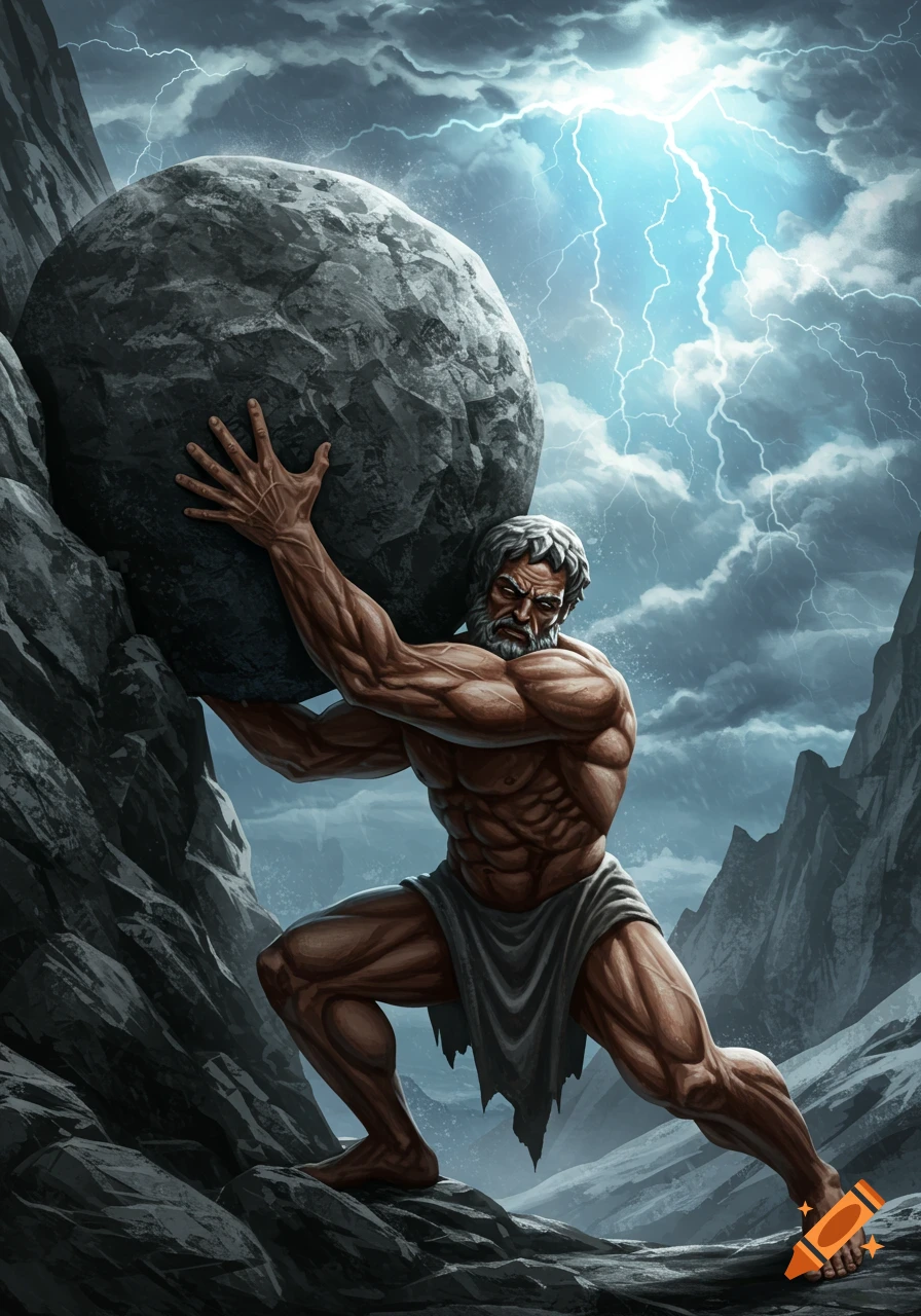 Muscular Sisyphus with a white beard pushes a large boulder up a rocky mountain under a stormy sky with lightning.