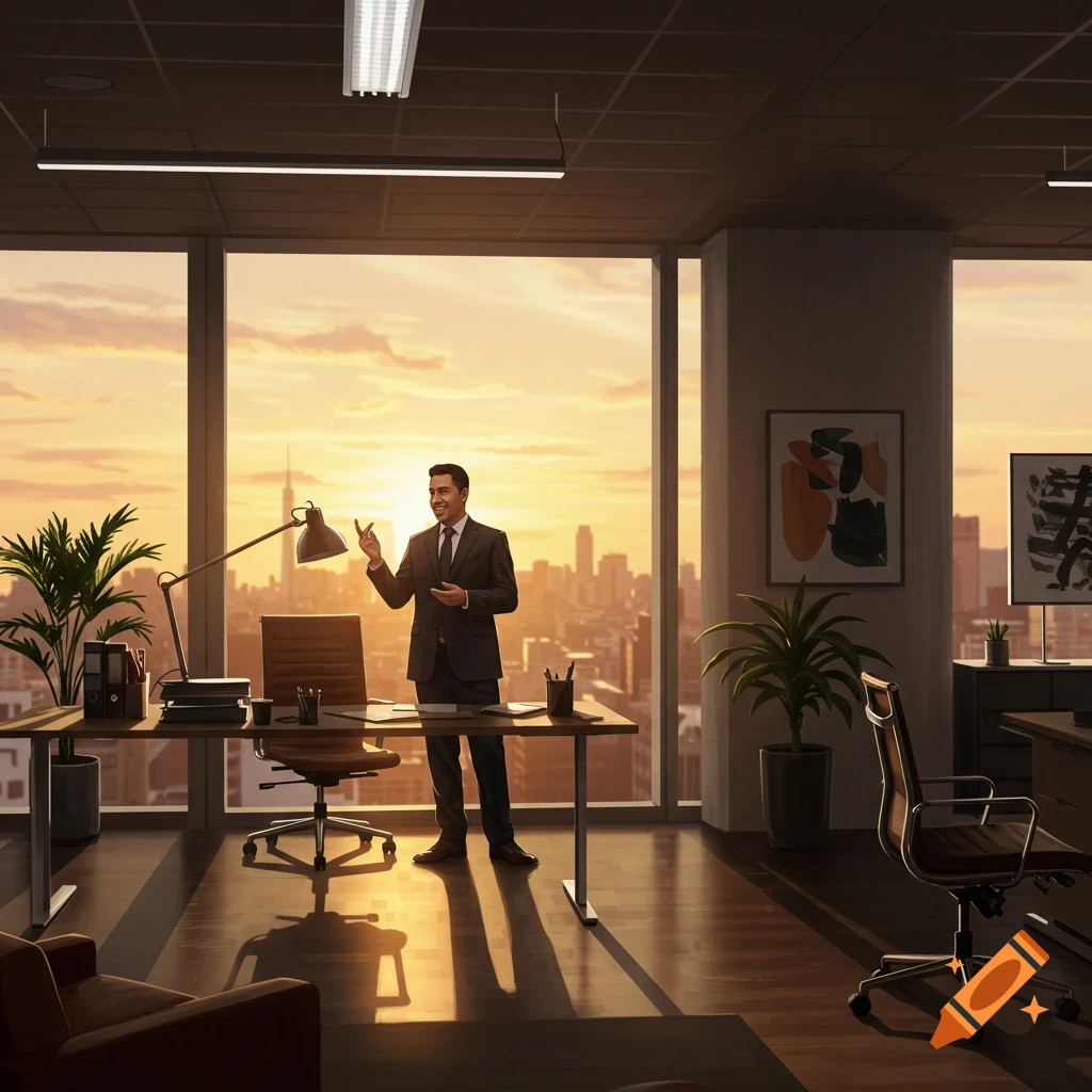 A man in a suit speaks in a modern office with large windows overlooking a city skyline at sunset.