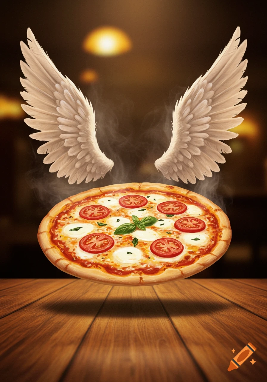A hot Margherita pizza with fresh mozzarella, sliced tomatoes, and basil leaves floats above a wooden table, flanked by two white feathered wings.