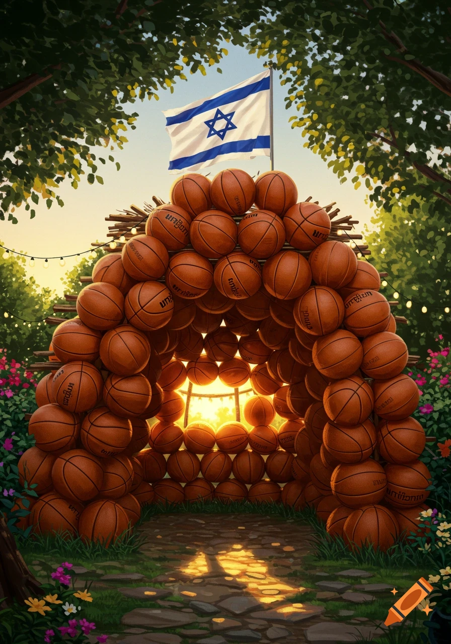 A sukkah-like archway constructed from basketballs stands in a sunny garden with an Israeli flag above.