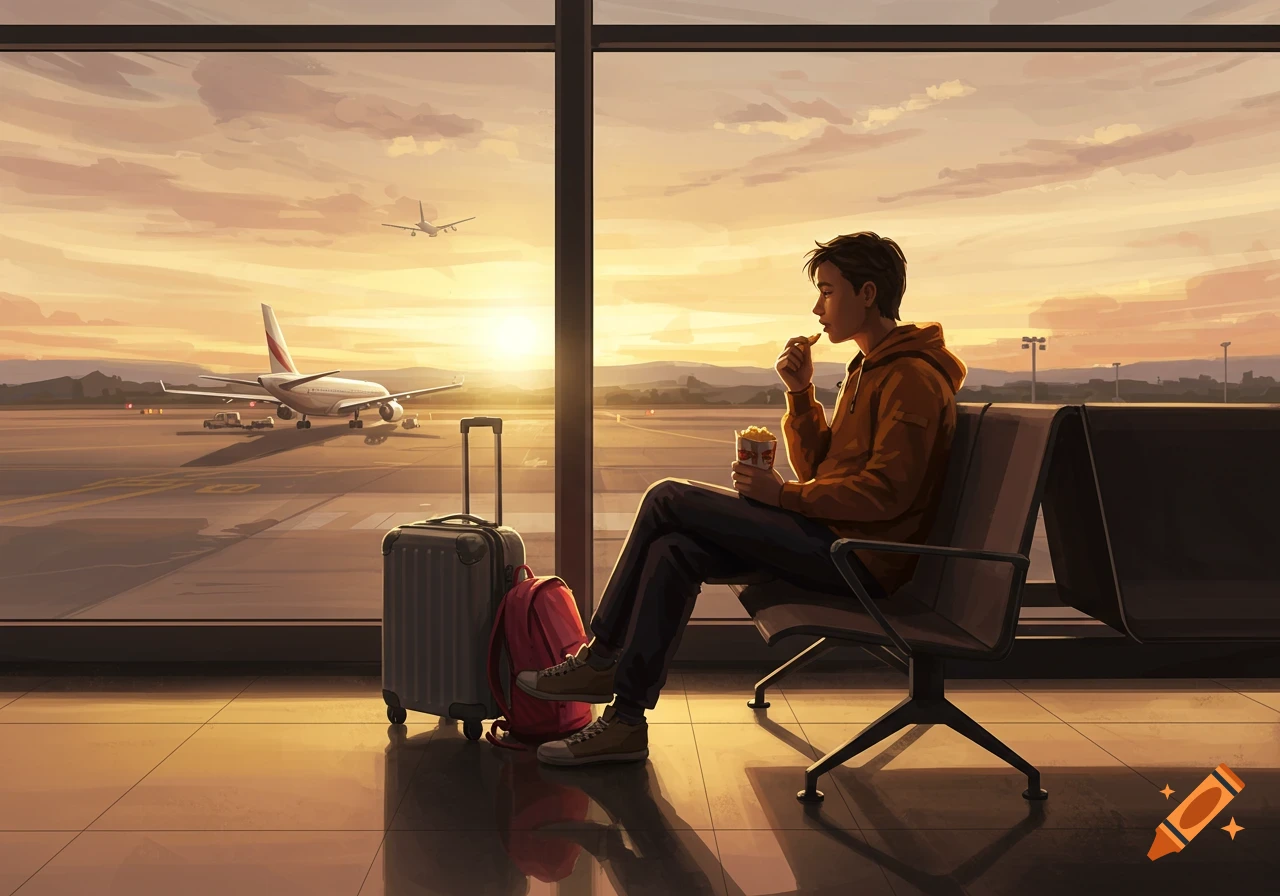 An illustrated man sits at an airport gate, eating a snack while watching airplanes on the runway at sunset.