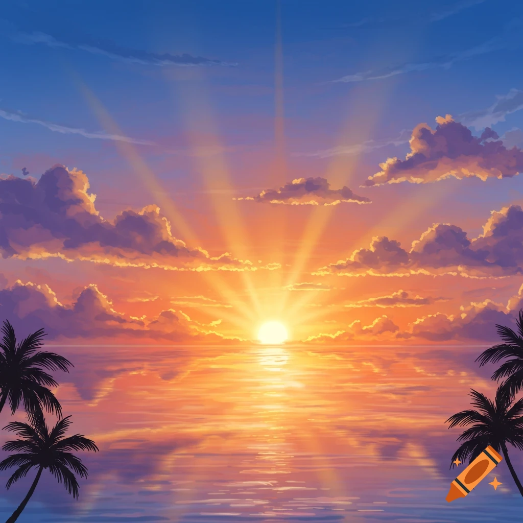 Vibrant tropical sunset over the ocean with palm tree silhouettes, sun rays, and colorful clouds reflecting on the water.