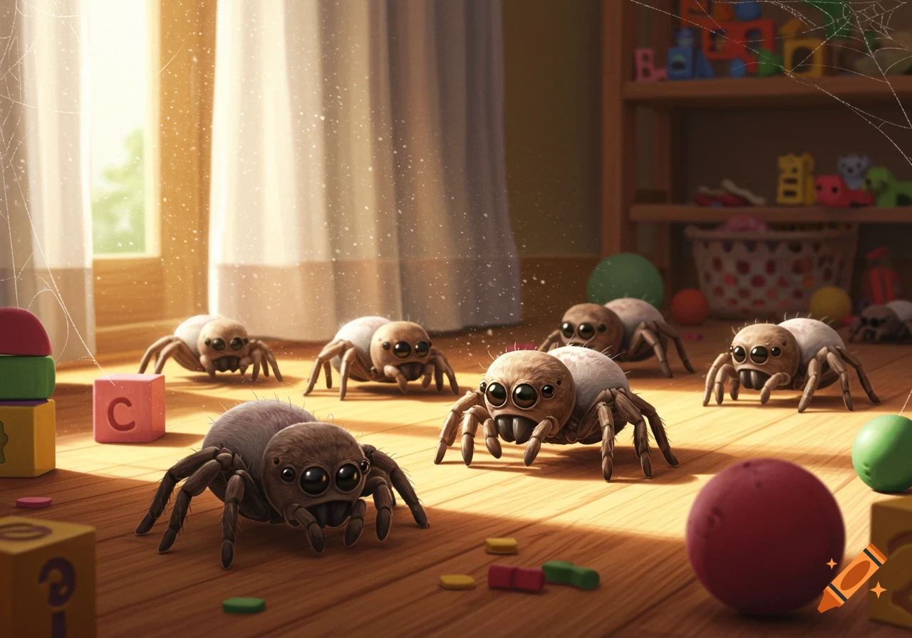 Several cute, cartoonish baby spiders with big eyes explore a wooden floor in a child's sunlit room, surrounded by colorful building blocks and toys.